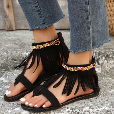 Sandálias Femininas Estilo Boêmio Retrô Sandálias de Borla Femininas Novo Zíper Designer Casual Sandálias de Praia Moda Chinelo de Dedo para Exterior