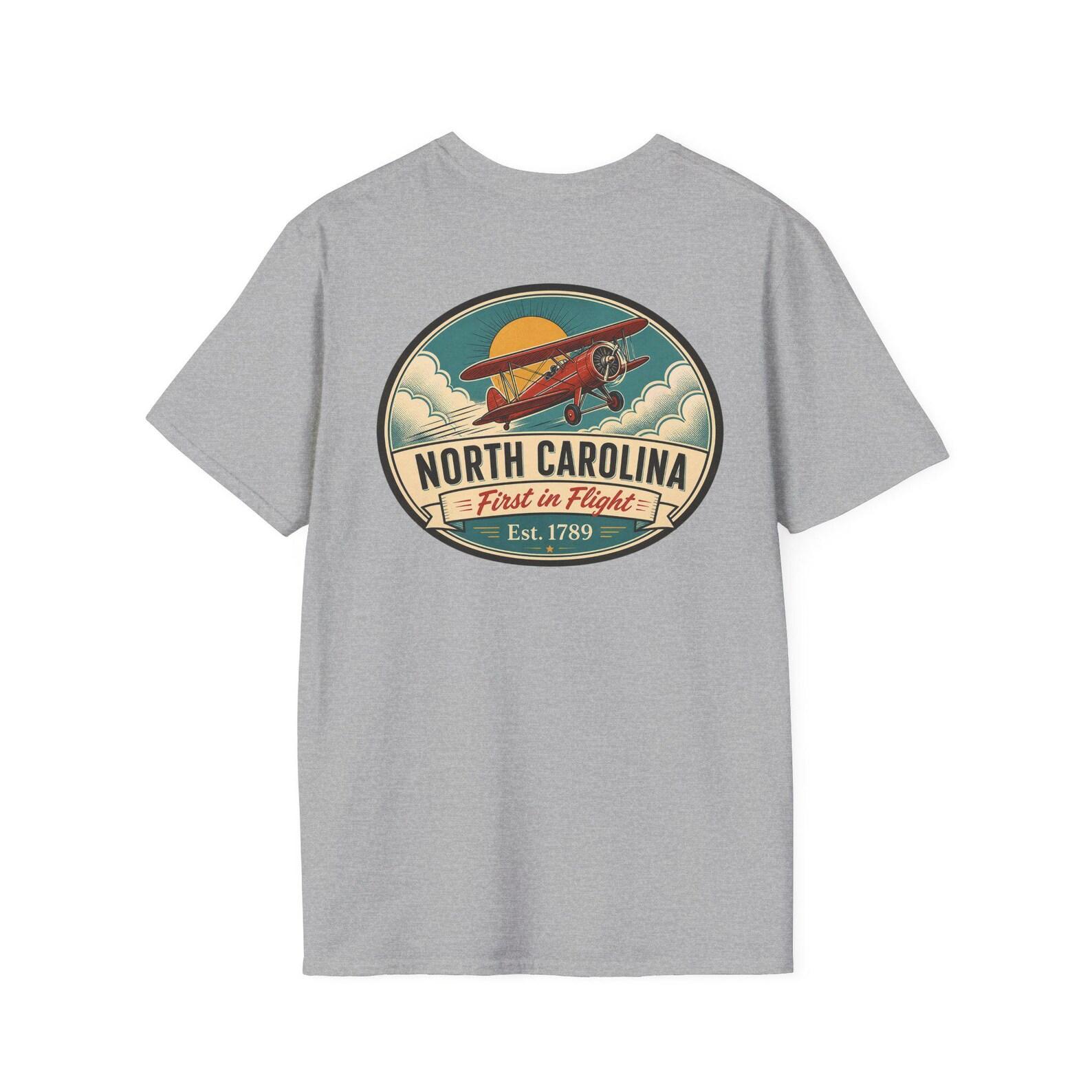 North Carolina Biplane T-Shirt | Vintage Mid-Century Travel Luggage Tag Tee | First in Flight Souvenir | NC Gift 4XL