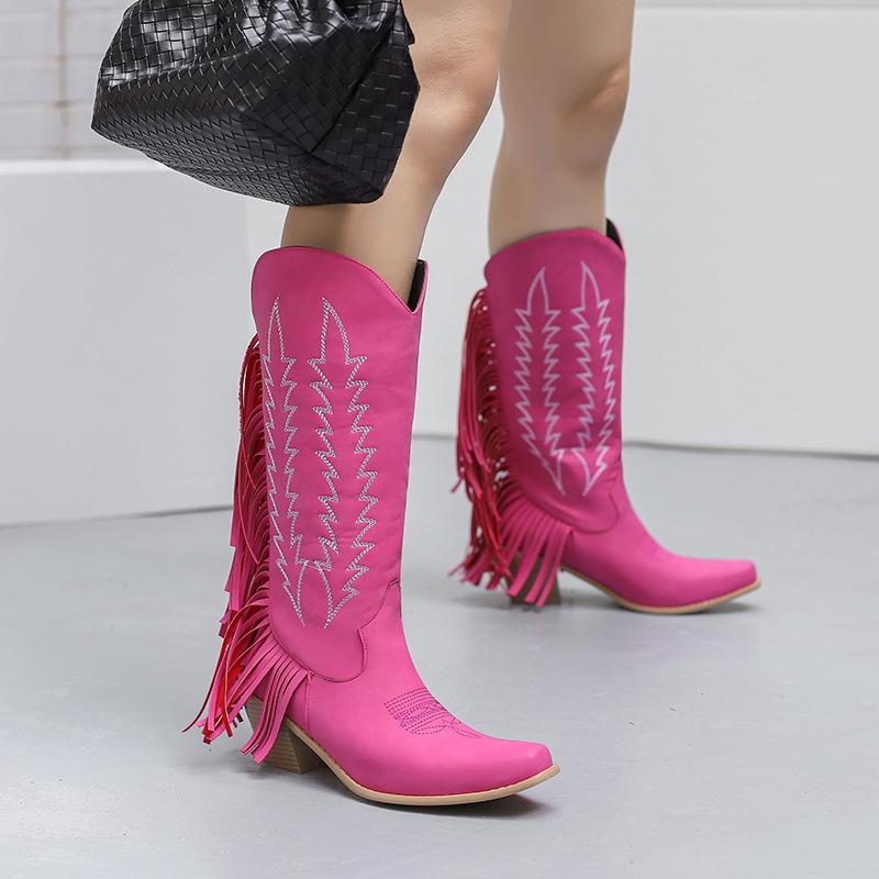 Western Martin boots medium tube but knee European and American style women's boots fringed thick heel large size women's shoes - size