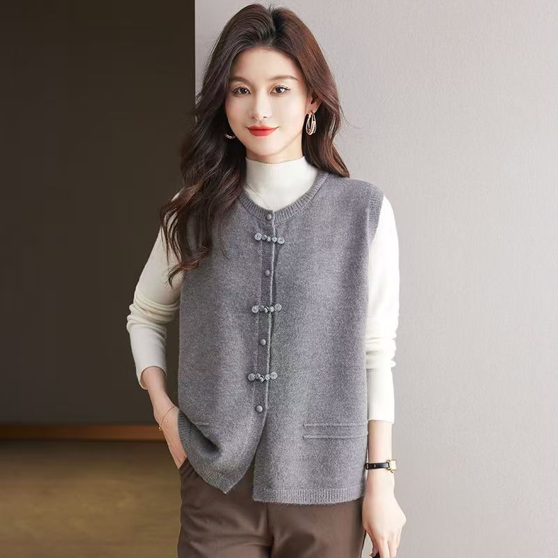 

Круглый вырез трикотажный жилет женский весна-осень новый китайский стиль свободный топ с пуговицами 2XL серый