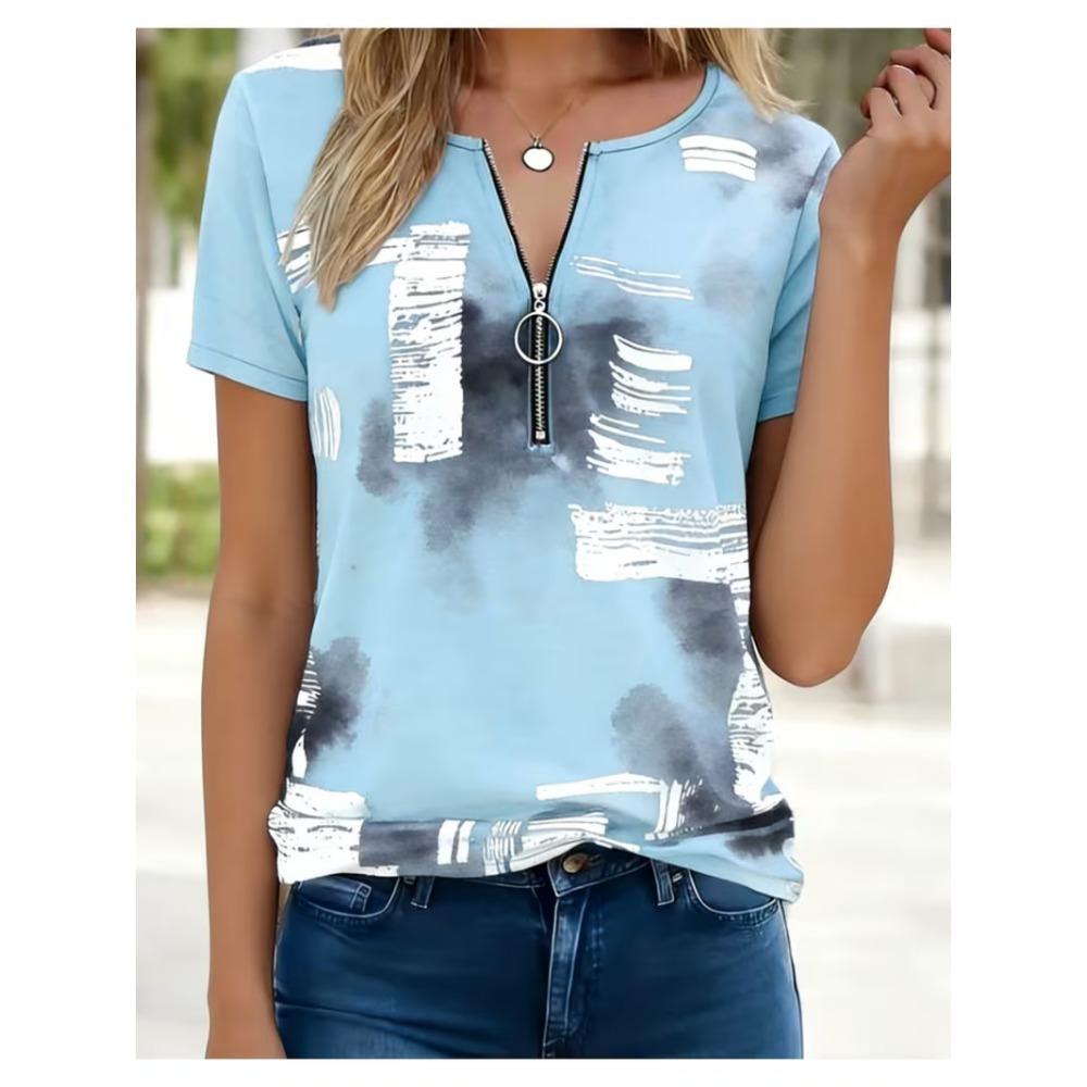 

Women s Polo Shirt with Fashionable Zipper and Geometric Design, Summer Loose Short Sleeved T-shirt L