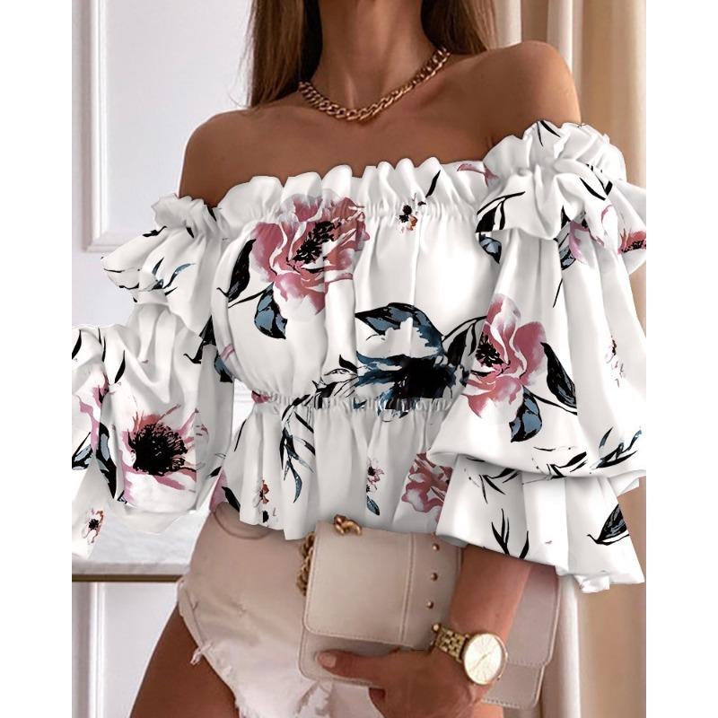 VEZFAA Women's Fashion Casual Summer Spring Short Sleeve One Shoulder Blouses & Shirts