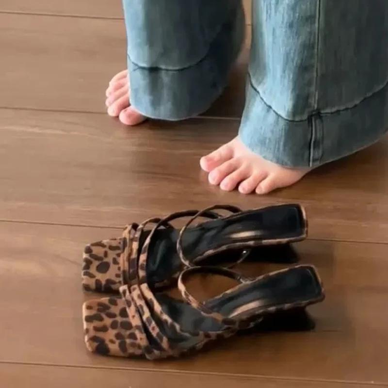 Fashion Leopard Women Slippers Mid Heels Summer Shoes 2024 Designer Beach Dress Flip Flops Walking New Casual Pumps Cozy Femme Slides