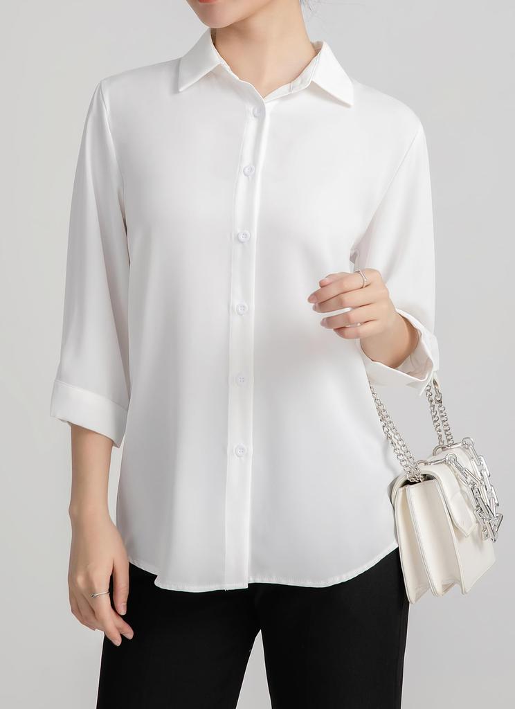 Shirt Blouse Sleeves Soft Dress Shirt Loose Fit Large Size No Iron Office Casual Fashion Commuting Everyday Highly Breathable White M [SPRING SEAON]