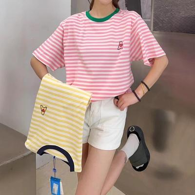 Women's Striped Candy Color Loose Knit T-shirt - Short Sleeve, Round Neck, Embroidered, Versatile