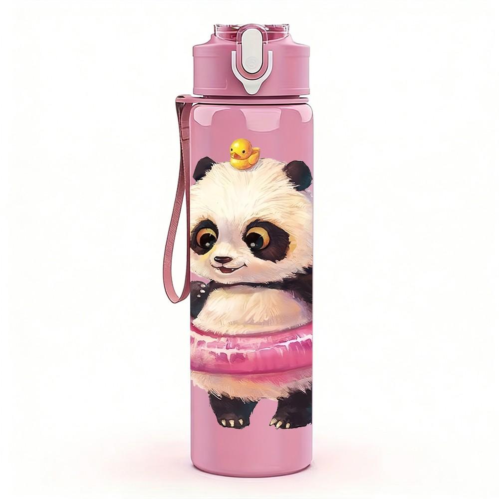 1PC Panda With Pink Swim Ring Pattern 750ml Color Plastic Sports Water Bottle Leakproof Flip Straw Lid Suitable for Sports Office Home Use