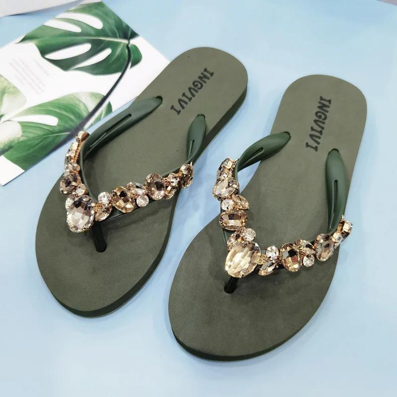 Fashion 2025 Comfortable and Fashionable All-match Beach Shoes Non-slip Soft Bottom Casual Flip-flops Rhinestone Chain Flat Slippers