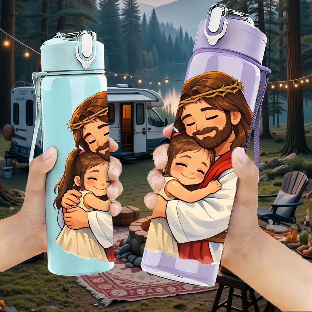 1PC Jesus Holding Baby 750ml Color Plastic Sports Water Bottle Leakproof Flip Straw Lid Suitable for Sports Office Home Use