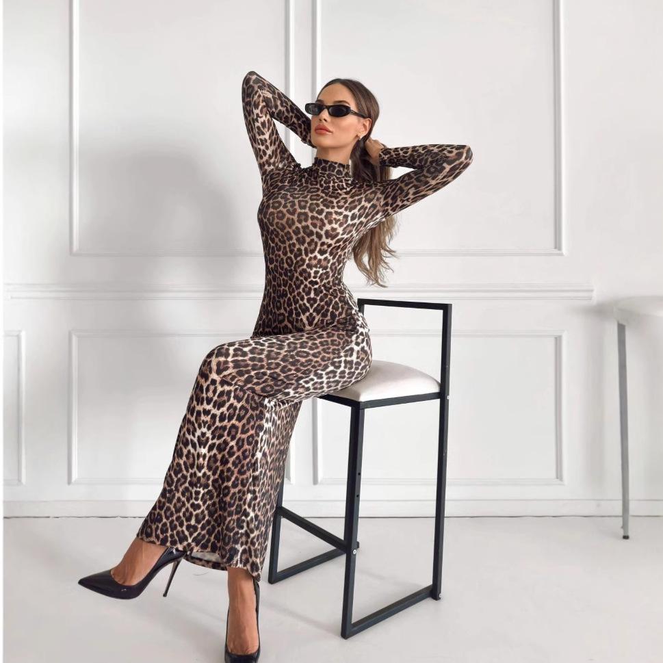 European and American autumn fashion leopard print stand-up collar long-sleeved slim-fitting long dress manufacturer straight hair