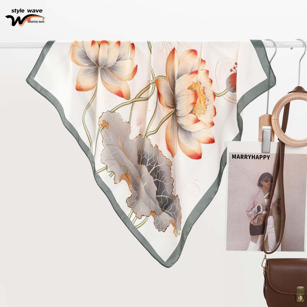 Elegant Chinese Ink Painting Lotus Silk Scarf: High-End, Versatile Retro Print, Popular Decorative Accessory for Women.