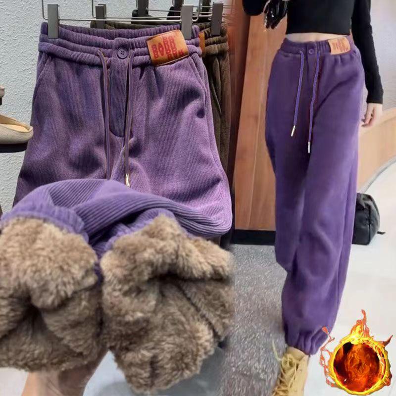Pantalon Chaud Rembourré et Épais pour Femme Automne Hiver Pantalon Droit Décontracté à Cordon de Serrage pour Femme