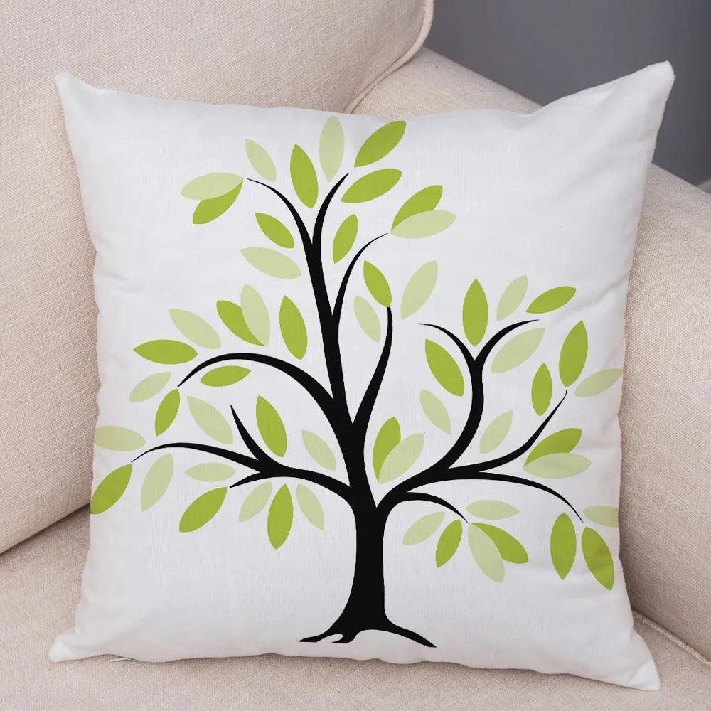 Nordic Style Green Leaf Cushion Cover Decor Cartoon Tree Print Pillow Case for Sofa Home Car 45x45cm Soft Plush Pillowcase
