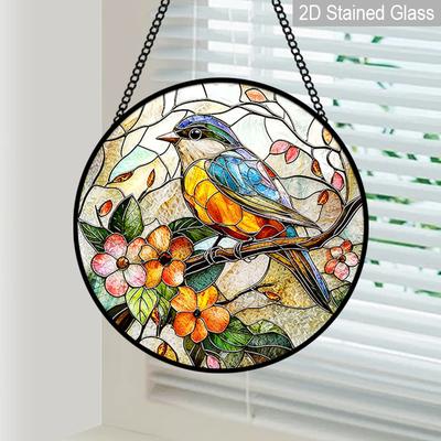 2D flache Buntglasvogel-Fensterdekoration, 7,87 Zoll blauer Vogel rosa Blume Design farbige Glasplatte mit Kette, charmante Frühling Sommer Sonne