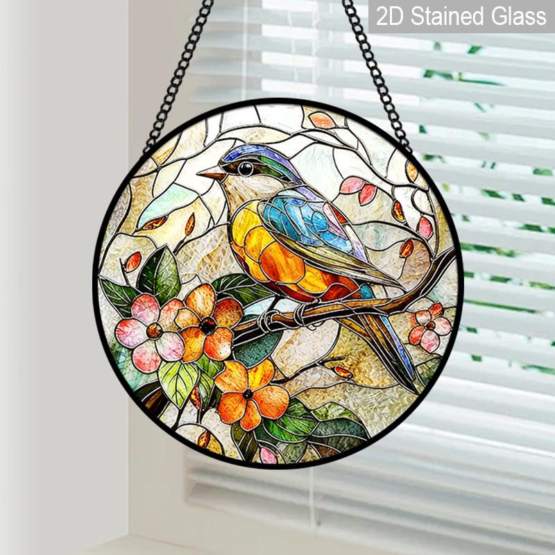 2D Flat Stained Glass Bird Window Decoration, 7.87inches Blue Bird Pink Flower Design Colored Glass Plate with Chain, Charming Spring Summer Sun