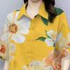 Women Casual Shirt Side Drawstring Shirt Sleeve Flower Pattern Lapel Short Double Breasted Loose Fit