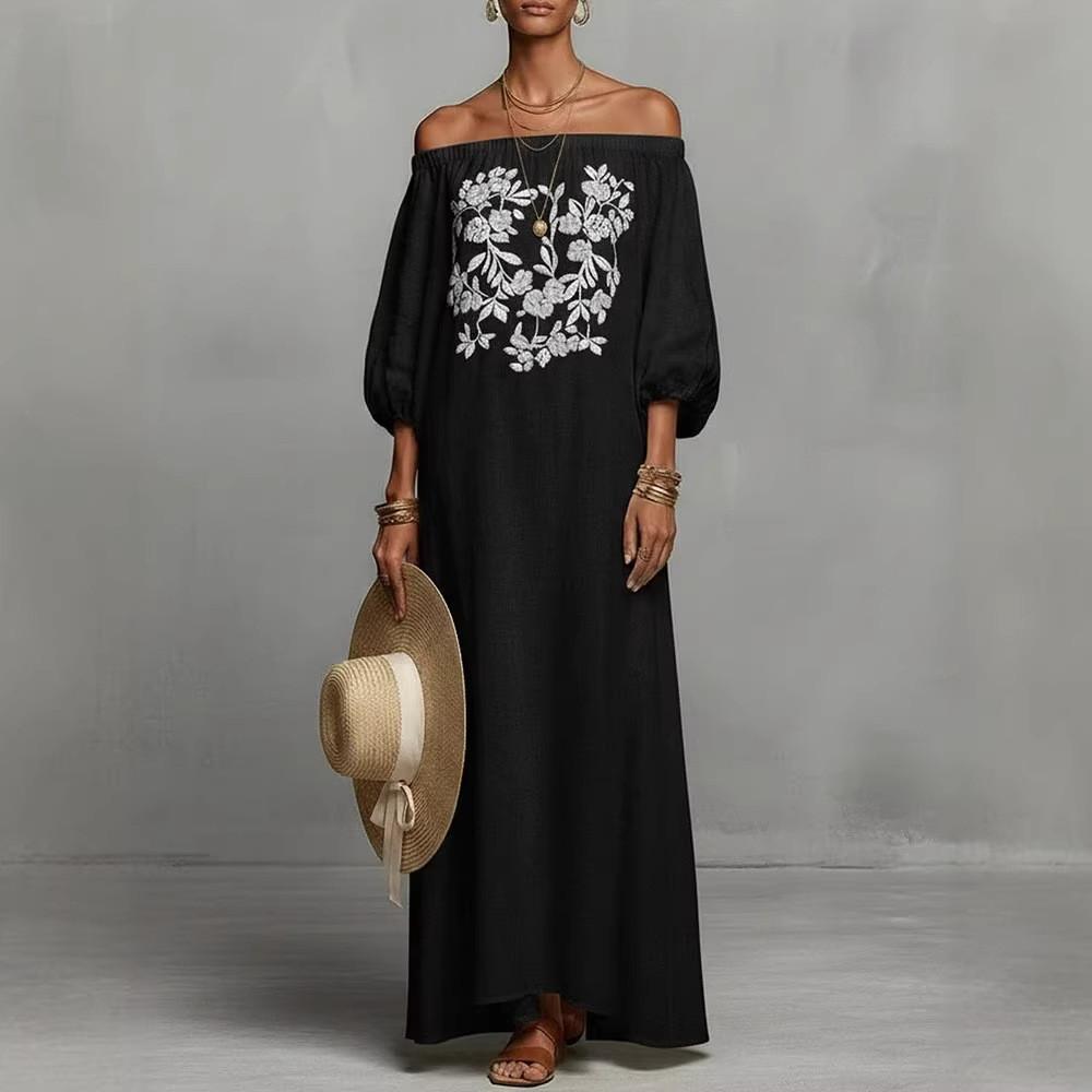 Elegant Floral Off Shoulder Maxi Dress With Embroidery For Casual Spring Occasion