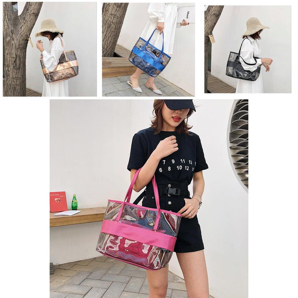Stylish Pvc Transparent Jelly Beach Bag Waterproof Shoulder Bag In Rose Red Blue Gold Brown