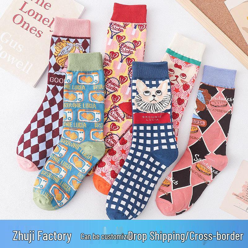Lolita Mid-Calf Graffiti Kitten Socks - Trendy Japanese Illustration for Autumn/Winter