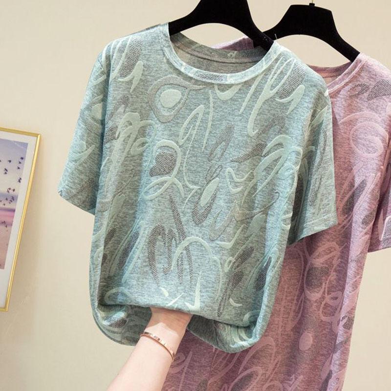 T-shirt Women Versatile Summer Casual Large Size Loose Round Neck Pullover Short-sleeved Tops
