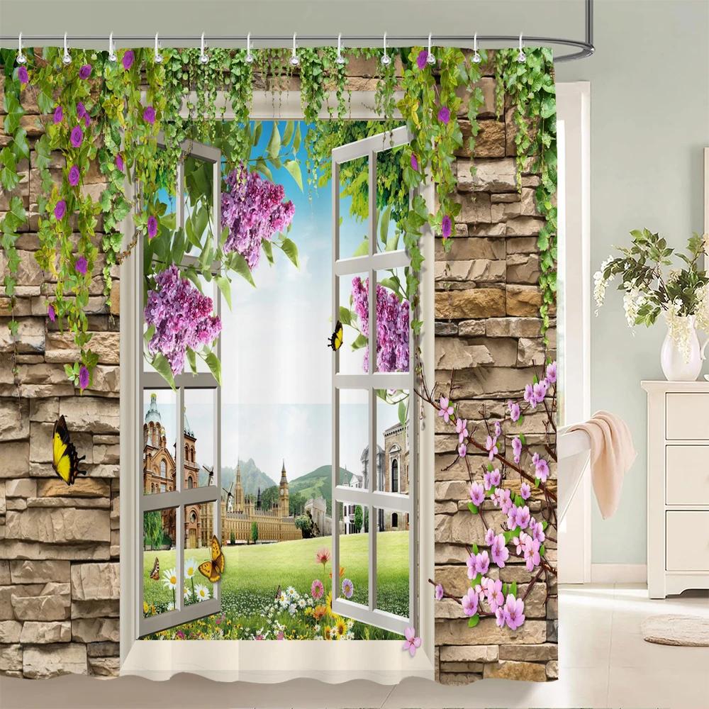3D European Rural Flower Landscape Printing Bathroom Waterproof Shower Curtain Polyester Bath Curtain Home Decoration Curtain