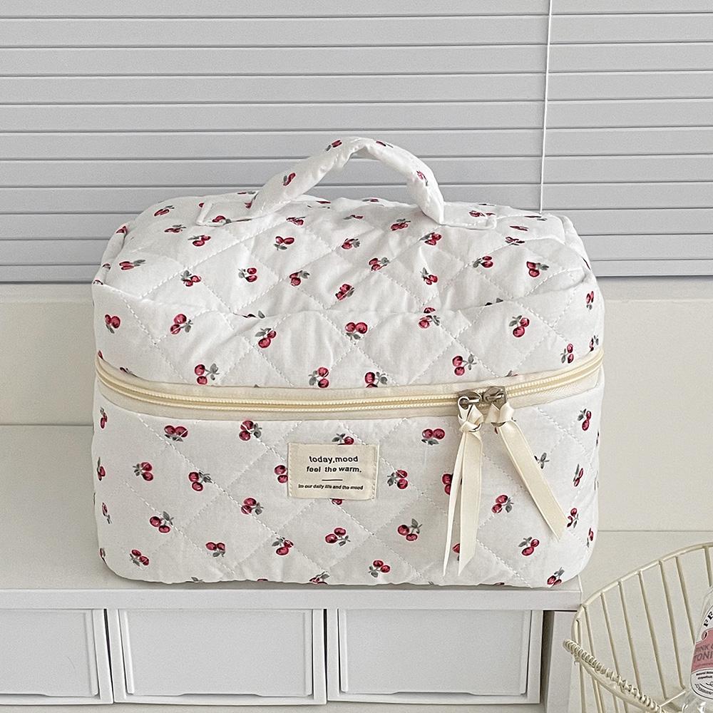 Fashion Cherry Tote Women Makeup Bag Portable Cute Ladies Cosmetic Toiletry Storage Pouch Handbag Cotton Quilted Zipper Bag