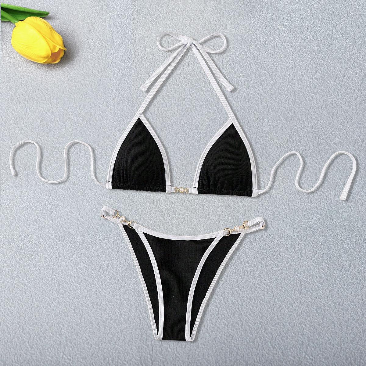New European And American Split Two-Piece Bikini Women S Black And White Color Scheme Swimsuit Swimsuit S
