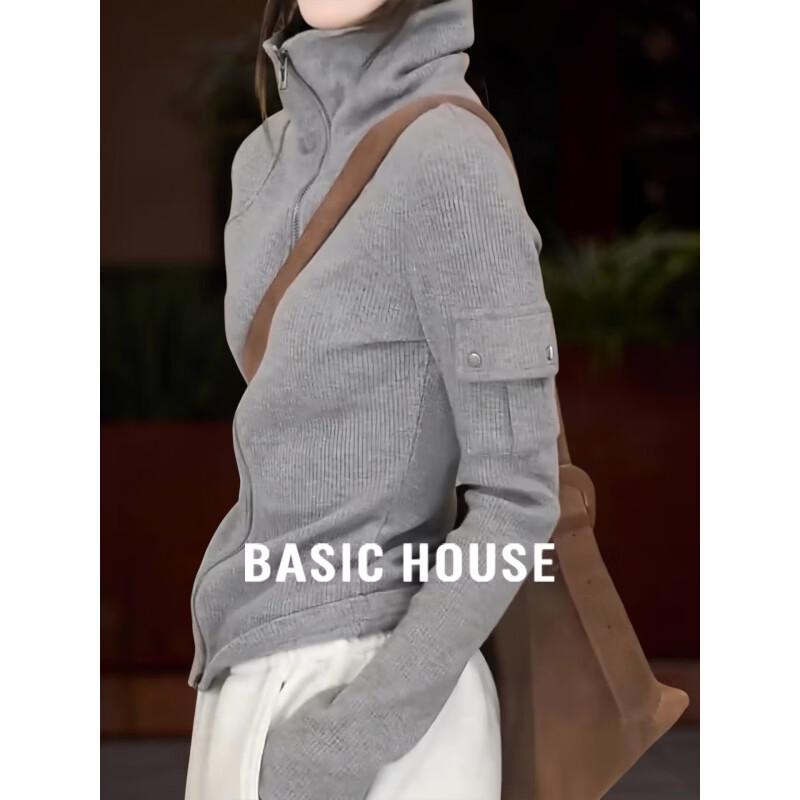 Basic House Women s Double Zipper Stand-Collar Sweatshirt Jacket L