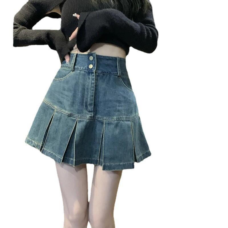 High Waist Denim Pleated Skirt Women A-Line Bodycon Mini Casual Chic Streetwear