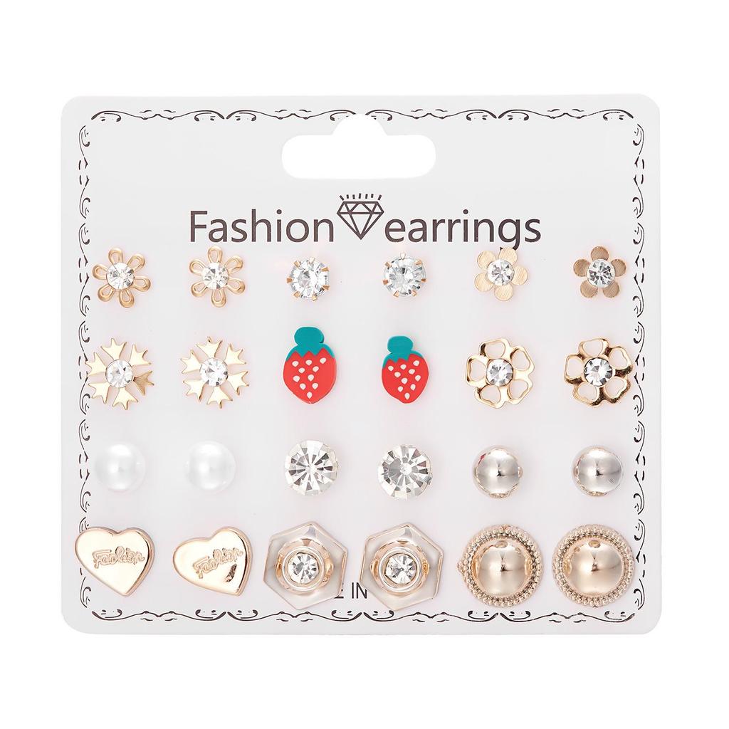 12-Pair Rhinestone Stud Earrings Set: Flower, Heart, Star & Moon Designs