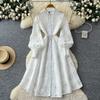 French Retro Court Style Heavy Industry Hollow Embroidery Round Neck Single-breasted Lantern Sleeve Strap Waist Temperament Dress