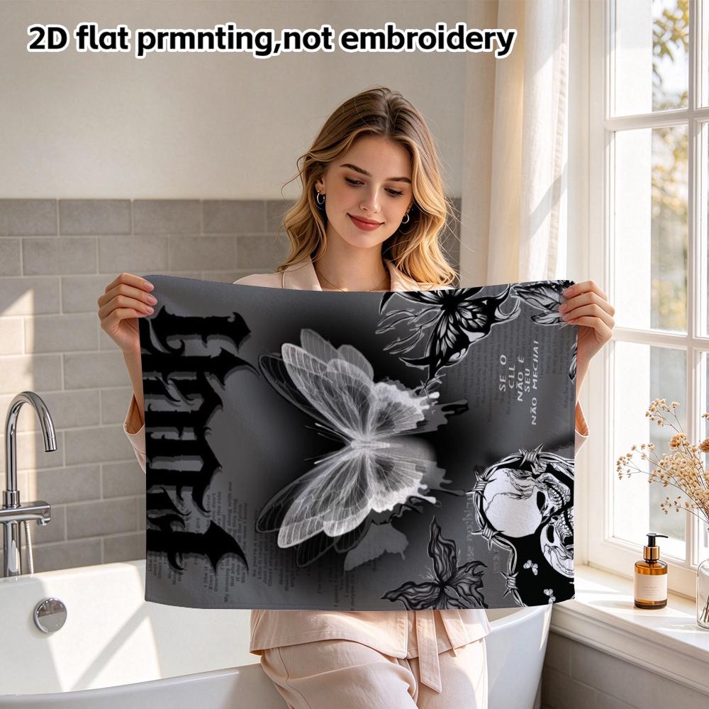Absorbent Quick Dry Bath Towel, Gothic Skull Butterfly Print, Soft Shower Wash Towel