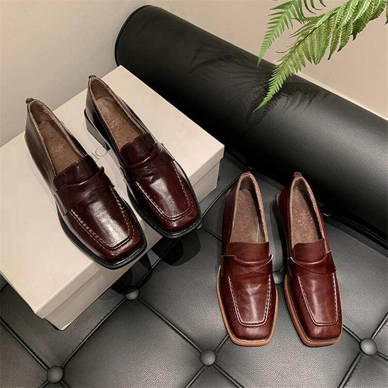Fashion 2025 New Autumn Genuine Leather Loafers Square Toe Chunky Heels Winter Women Pumps Shoes for Women Zaptos De Mujer Brown Shoes
