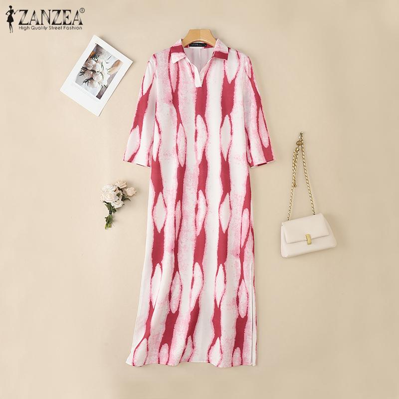 ZANZEA Women Print Casual Turn Down Collar Loose 3/4 Sleeve Long Dress