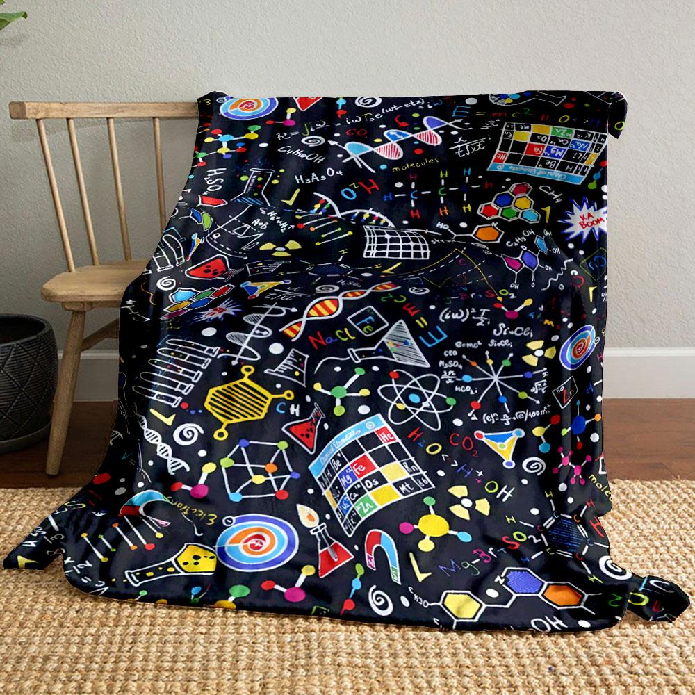 Colorful Scientific Doodles with Molecules, Formulas, and Laboratory Tools. for All Seasons Blanket Lunch Break Throw Gift