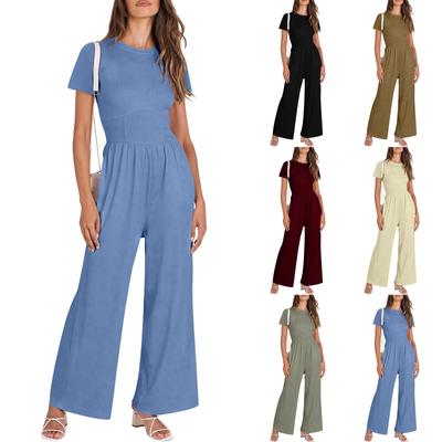 Women's Summer High Neck Color Short Sleeved Zippered Wide Leg Pocket Jumpsuit