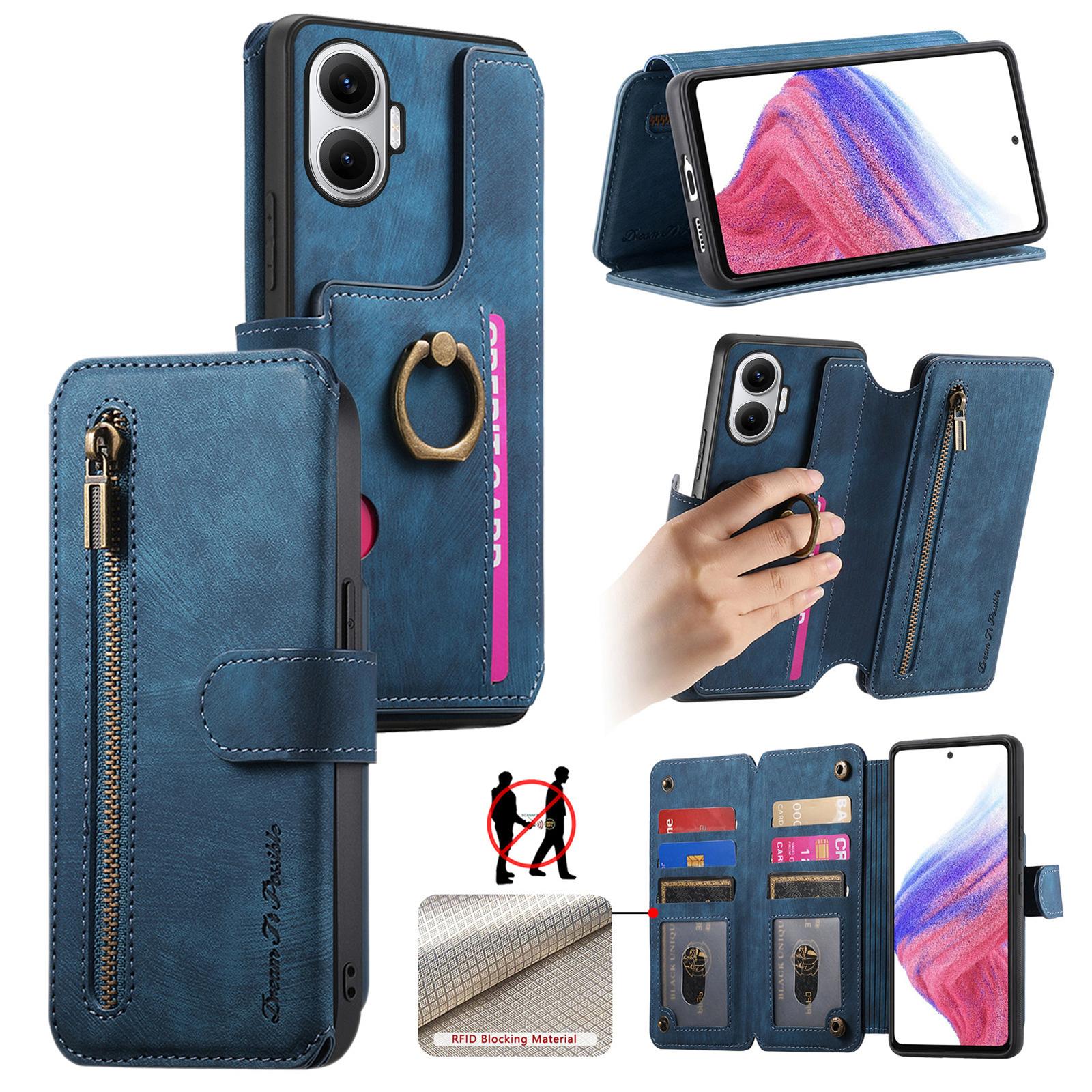 

For Xiaomi Redmi Turbo 4 Pro 5G Leather Phone Back Cover with RFID Blocking Zipper Wallet Kickstand Blue