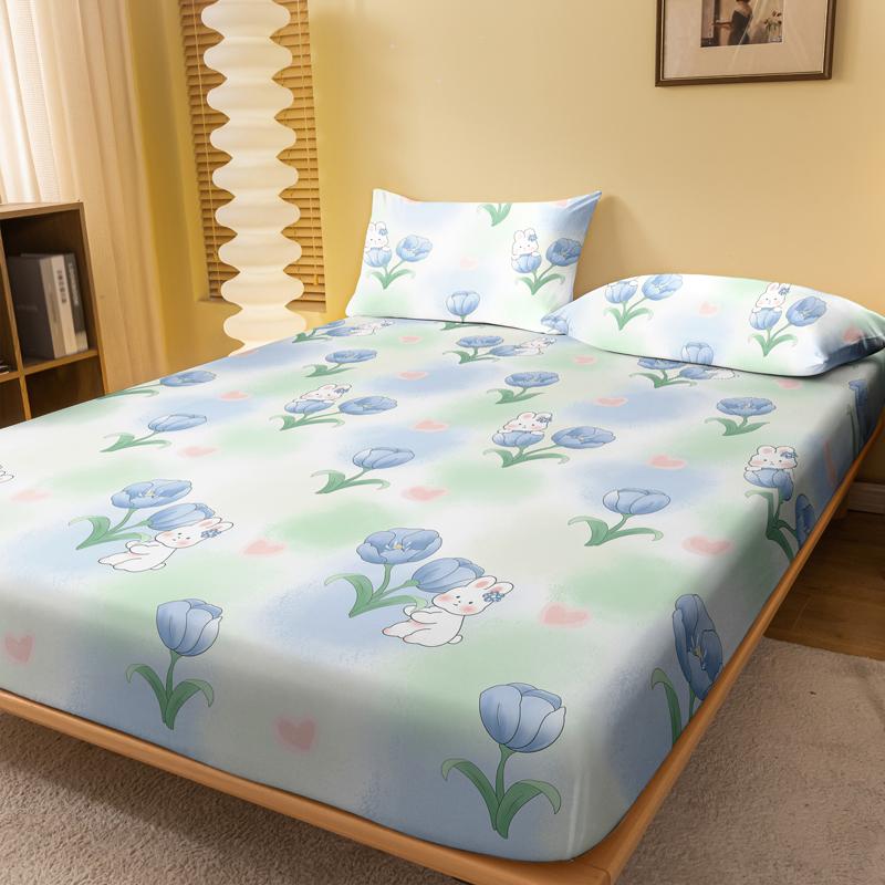1 Cartoon Cute Plant Flower Rabbit Printed Matte Fitted Sheet, Bedroom Printed Bed Cover, Bedding (Excluding Pillowcases)
