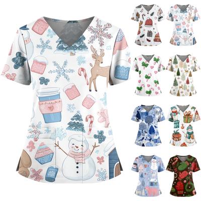 Women's Christmas Print V-Neck Double Pocket Short Sleeves Hem Slit Uniform And Caregiver Top