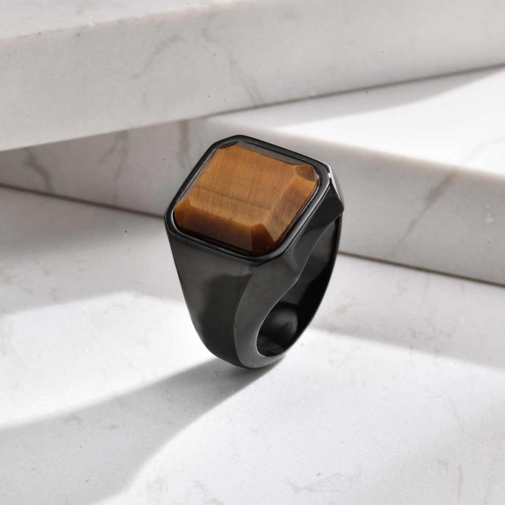 Brauner Tigerauge Steinring für Männer Jungen, Geometrischer Quadratischer Stein Siegelring aus Edelstahl, Lässiger Schmuck Geschenk