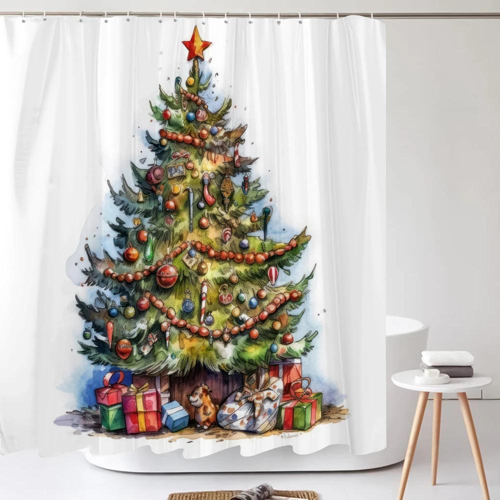 Christmas Shower Curtain Santa Claus Winter Christmas Tree Polyester Colorful Bath Curtain Home Bathroom Decor Curtain With Hook