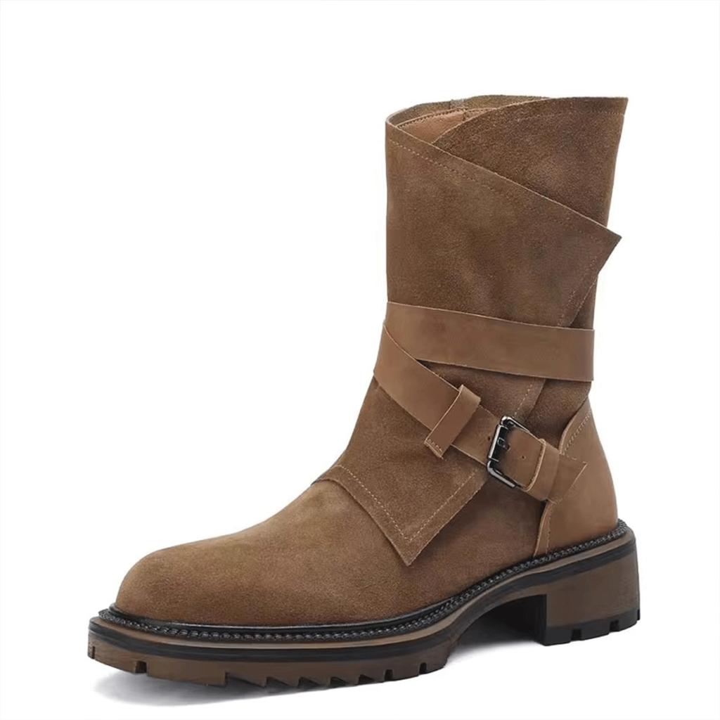 Retro Belt Buckle Thick-soled Martin Boots Women's 2025 Autumn New Imitation Cowhide Thick Heel British Short Boots Western Cowboy Boots