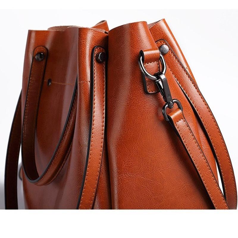 Genuine Leather Women's Bag Wax Leather Large Capacity Bucket Bag New Solid Color Fashionable Shoulder Bag Commuter Crossbody
