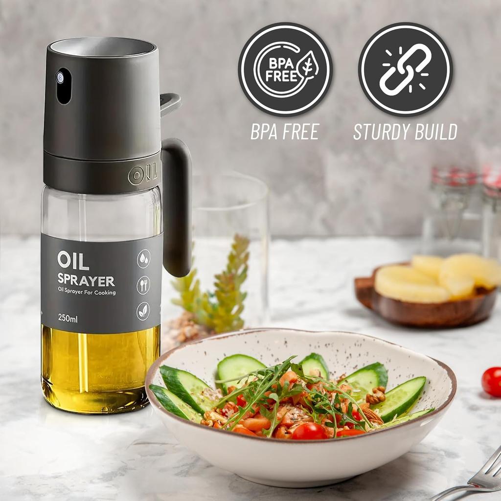 Oil Sprayer Kitchen Gadget for Cooking High Borosilicate Glass Oil Sprayer Mister, 250ml Olive Oil Spray Bottle for AirFryer, Salad, BBQ, Kitchen