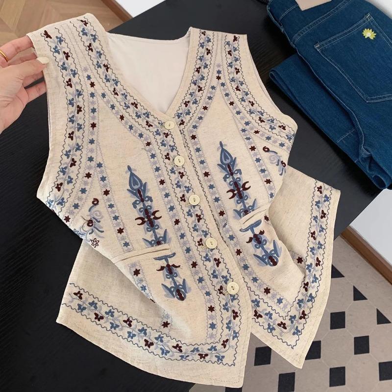 Women Ethnic Print V Neck Sleeveless Vest Cardigan S абрикосовый
