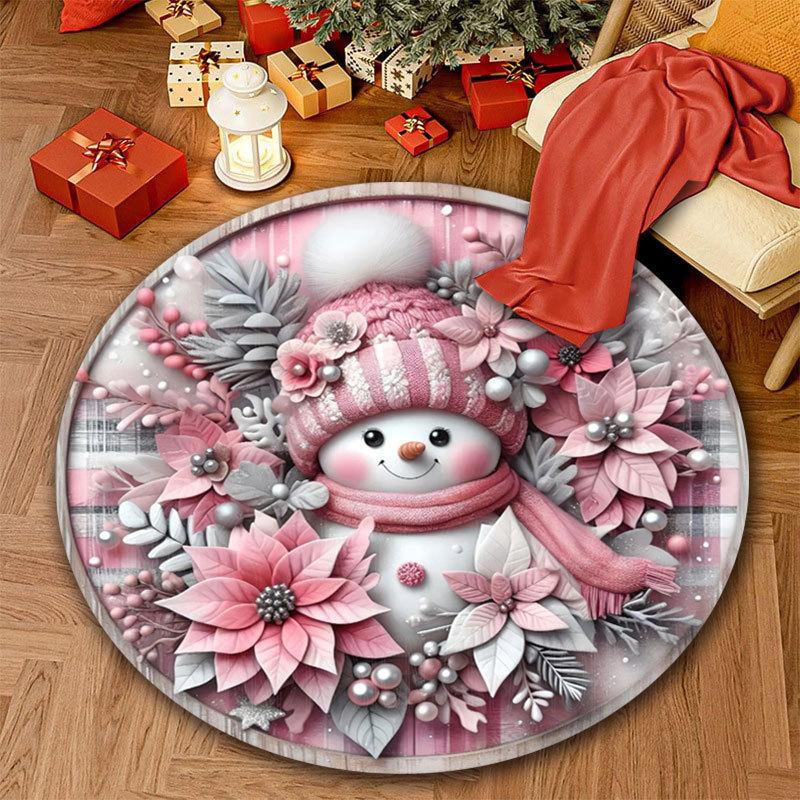 Christmas Nursery Rug Pink Snowman Playmat for Kids Room Santa Claus Toddler Round Carpet Gingerbread Man Non Slip Circle Rug