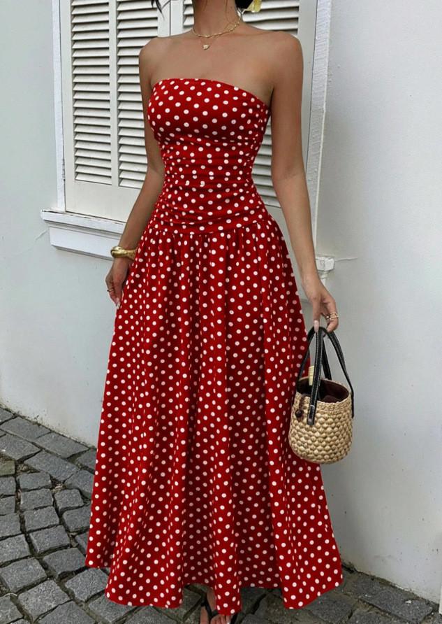 Ärmelloses High-Neck-Langkleid mit Wellenpunktmuster und Rüschensaum für Büro und Alltag