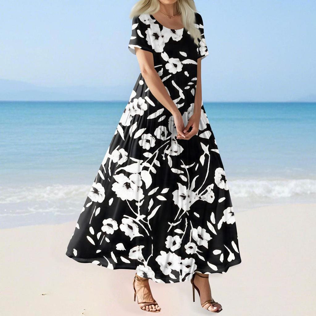 Damen Sommer Casual Blumendruck Kurzarm O-Ausschnitt Hohe Taille A-Linie Stufen Fließendes Boho Maxikleid