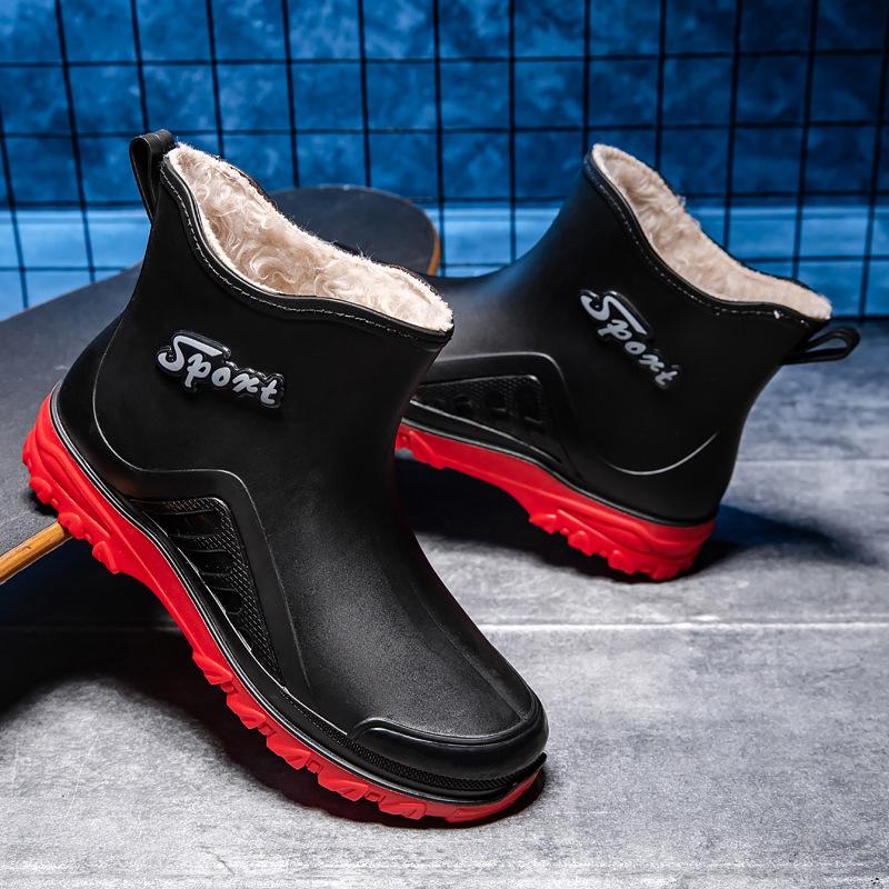 Fashion rain shoes men's short waterproof shoes fleece warm kitchen fishing non-slip rubber shoes fashion