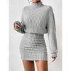 Women's Autumn Winter Pit Strip High Collar Lantern Sleeve Pleated Hip Wrap Dress