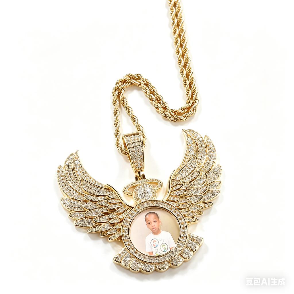 THE BLING KING Personalisierter Engel Flügel Runder Fotoanhänger DIY Bilder Erinnerungsmedaillons Halskette Personalisierter HipHop Schmuck